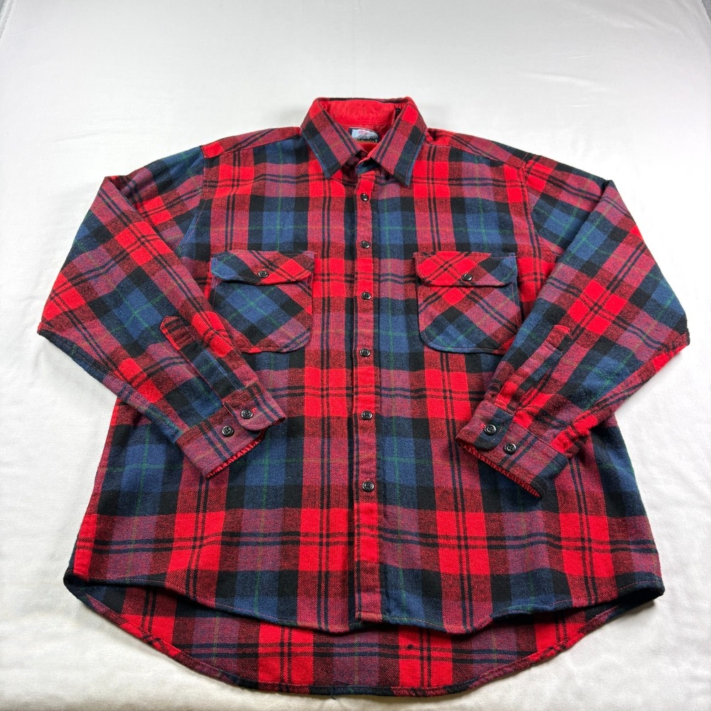 Vintage Fieldmaster Wool Flannel Shirt Mens Large Red Plaid Workwear Lumberjack